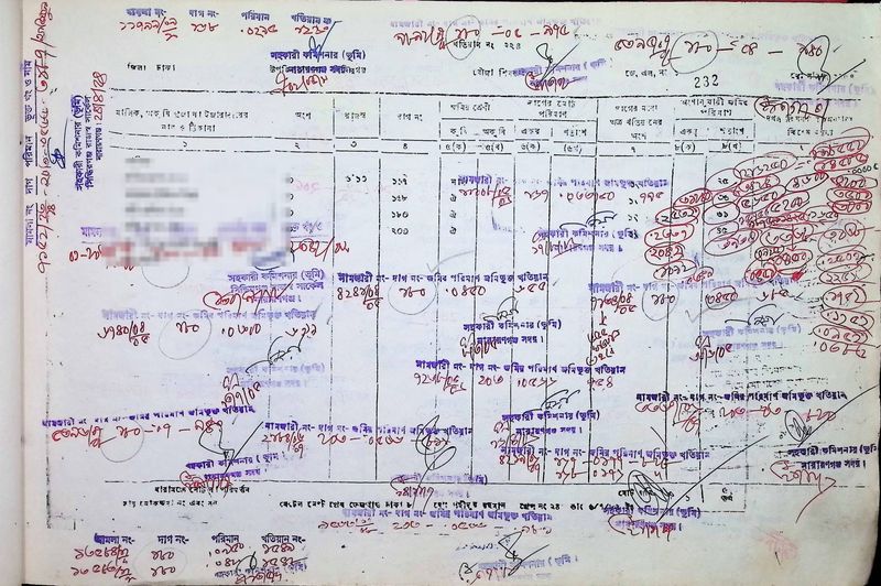 A handwritten RS khatian from Narayanganj, with decades of mutation notes written over it. Owner names are blurred for privacy.
