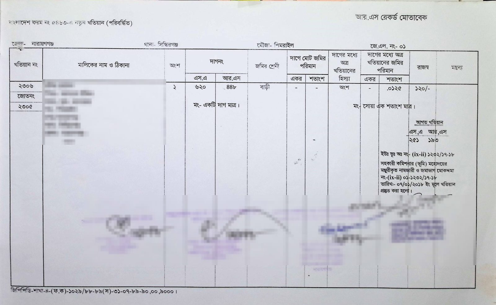 A printed mutation khatian from Narayanganj. The plot appears under two dag numbers, one in an SA column and one in an RS column, and the remarks column names earlier khatians and a namjari case. The owner's name and address, and the signatures, are blurred.