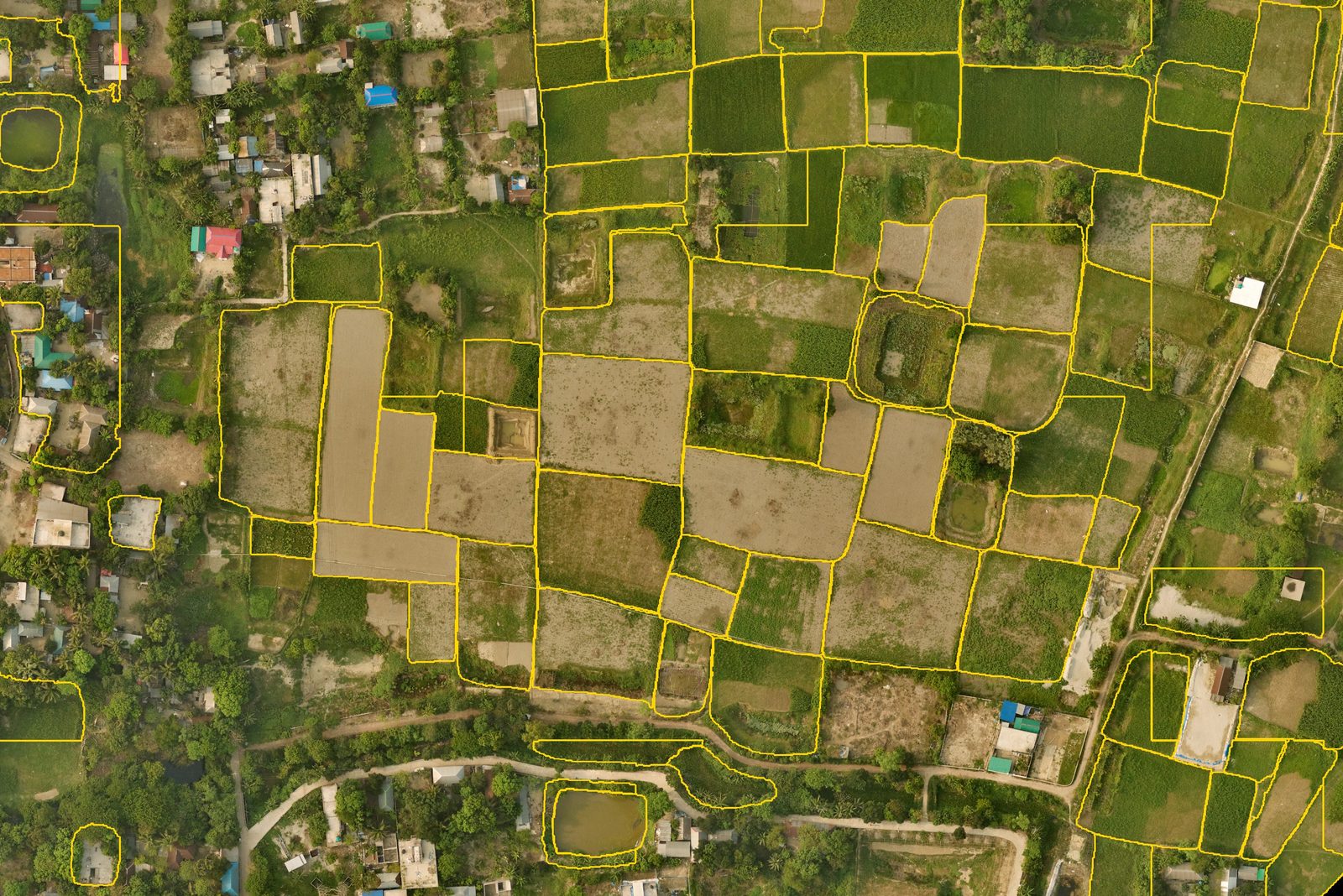 The same rural area in Narayanganj as the image at the top of this post, with the fields, ponds and homestead plots our imagery model found in the 2025 aerial photo outlined in yellow.